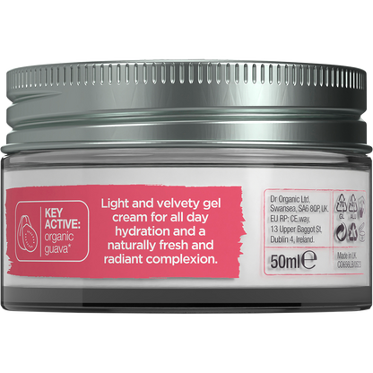 Back of a Dr Organic Guava Gel Moisturiser 50ml tub showing directions, ingredients, and storage information.