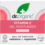 Pink box for Dr Organic Guava Gel Moisturiser 50ml featuring guava illustrations and vitamin C benefits.