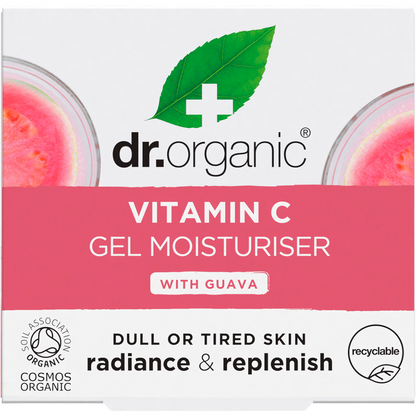 Pink box for Dr Organic Guava Gel Moisturiser 50ml featuring guava illustrations and vitamin C benefits.