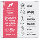 Back of a Dr Organic Guava Gel Moisturiser box showing ingredients, directions, and organic certification.
