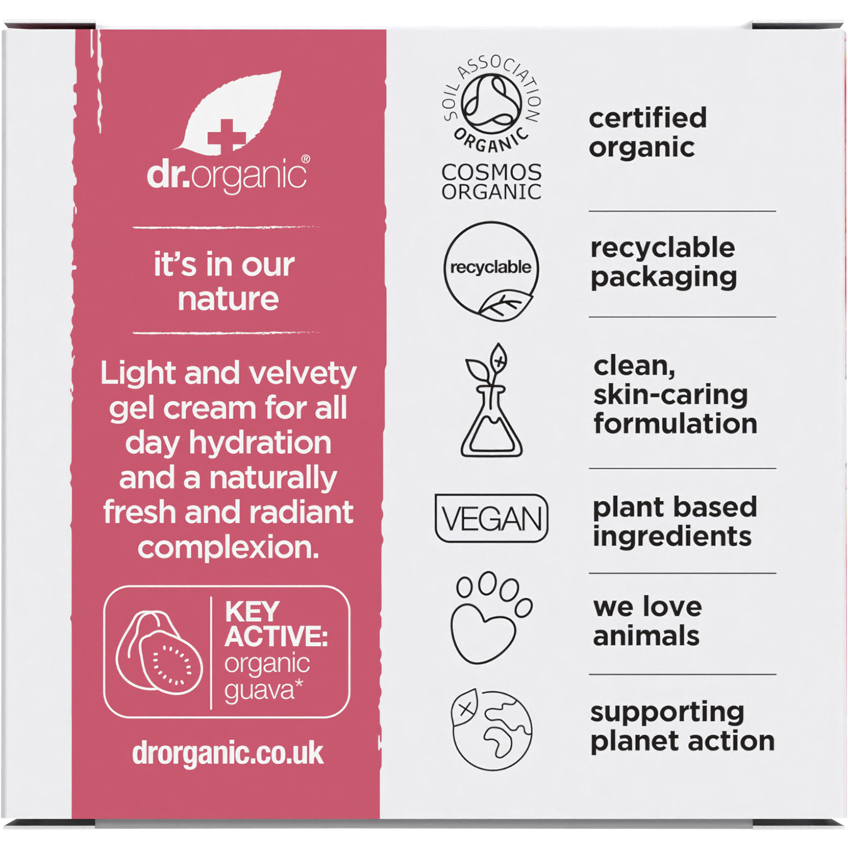 Back of a Dr Organic Guava Gel Moisturiser box showing ingredients, directions, and organic certification.
