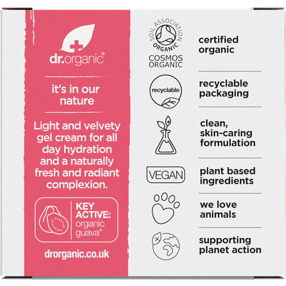 Back of a Dr Organic Guava Gel Moisturiser box showing ingredients, directions, and organic certification.
