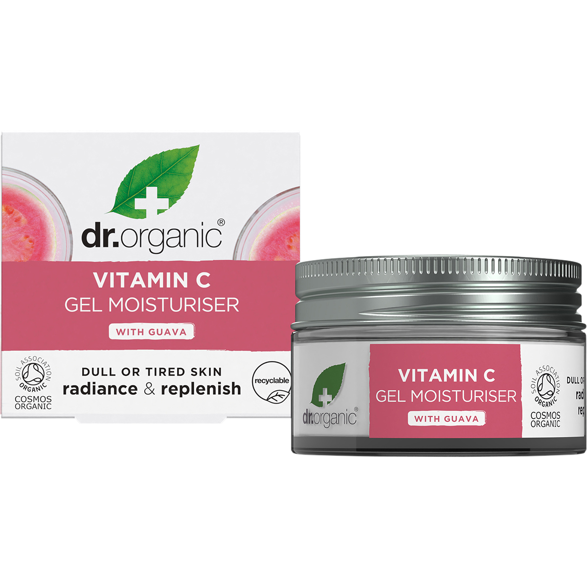 Dr Organic Guava Gel Moisturiser 50ml tub and pink box displayed together on a white background.