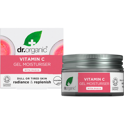 Dr Organic Guava Gel Moisturiser 50ml tub and pink box displayed together on a white background.