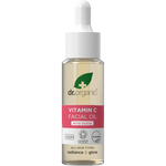 30ml bottle of Dr Organic Guava Facial Serum with a dropper lid, featuring pink guava and green leaf illustrations.
