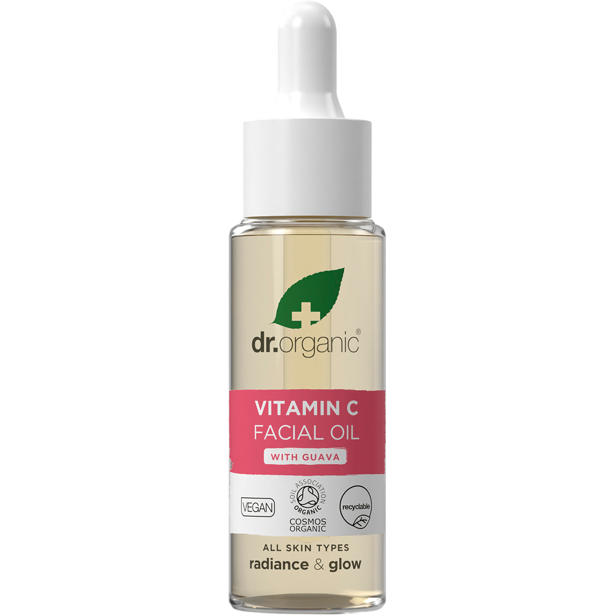 30ml bottle of Dr Organic Guava Facial Serum with a dropper lid, featuring pink guava and green leaf illustrations.