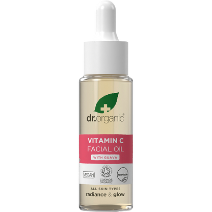 30ml bottle of Dr Organic Guava Facial Serum with a dropper lid, featuring pink guava and green leaf illustrations.