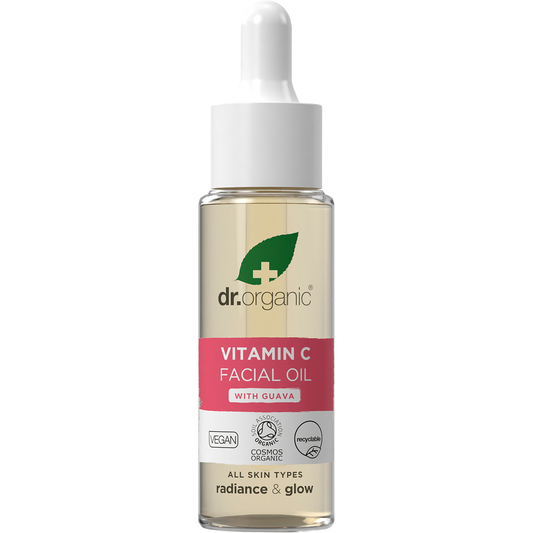 30ml bottle of Dr Organic Guava Facial Serum with a dropper lid, featuring pink guava and green leaf illustrations.