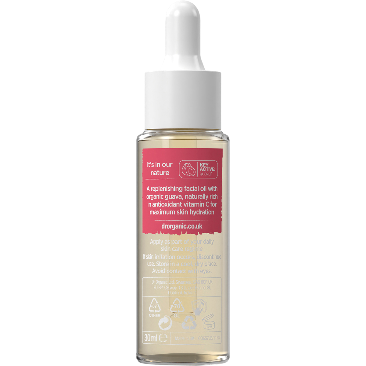 Back of a 30ml Dr Organic Guava Facial Serum bottle with directions, ingredients, and product information.