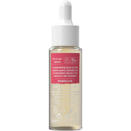 Back of a 30ml Dr Organic Guava Facial Serum bottle with directions, ingredients, and product information.