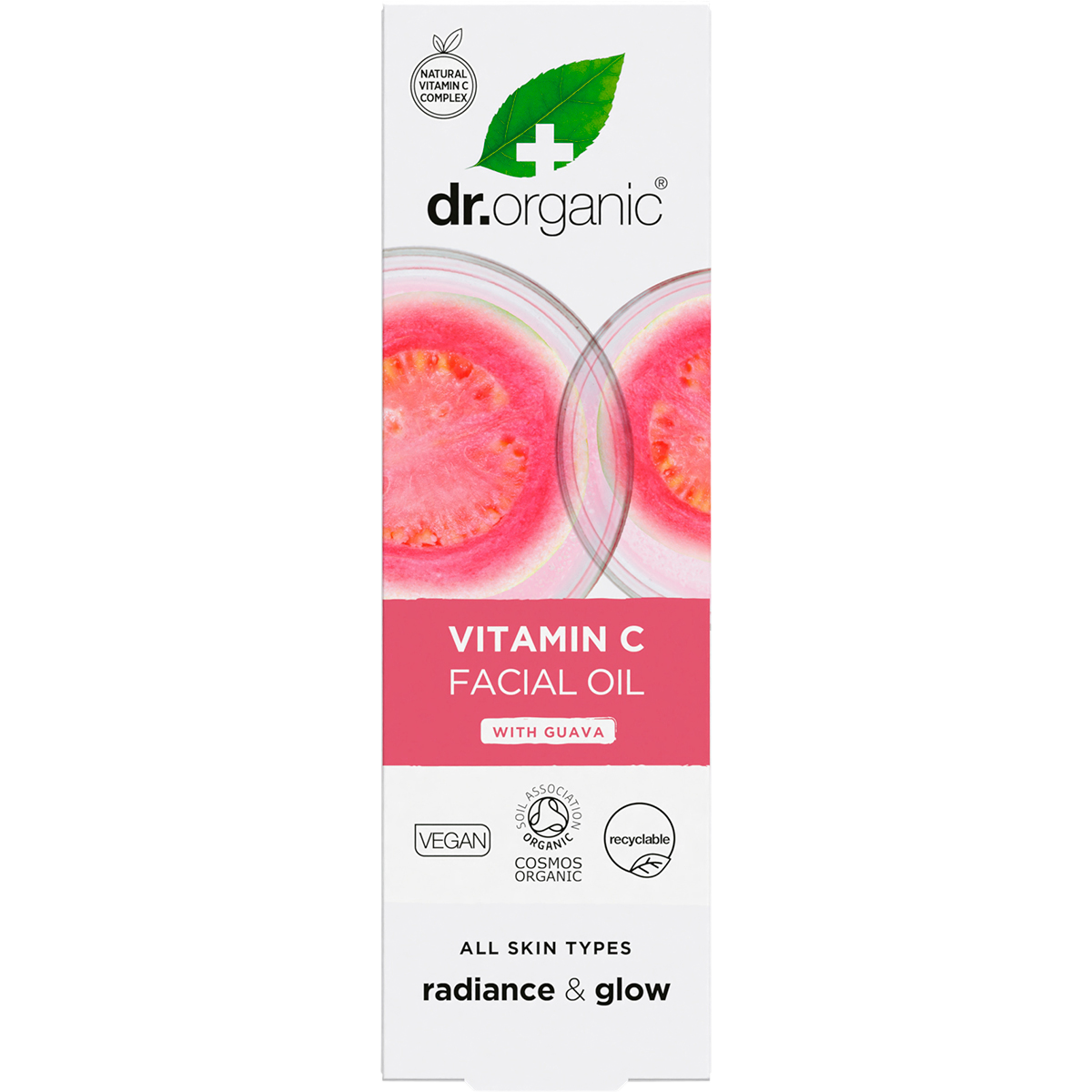 Dr Organic Guava Facial Serum 30ml box featuring pink guava and green leaf illustrations on a white background.