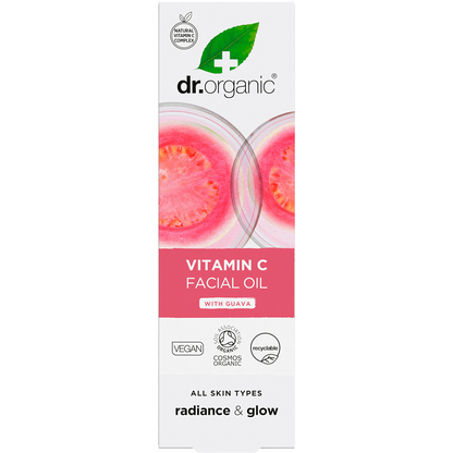 Dr Organic Guava Facial Serum 30ml box featuring pink guava and green leaf illustrations on a white background.