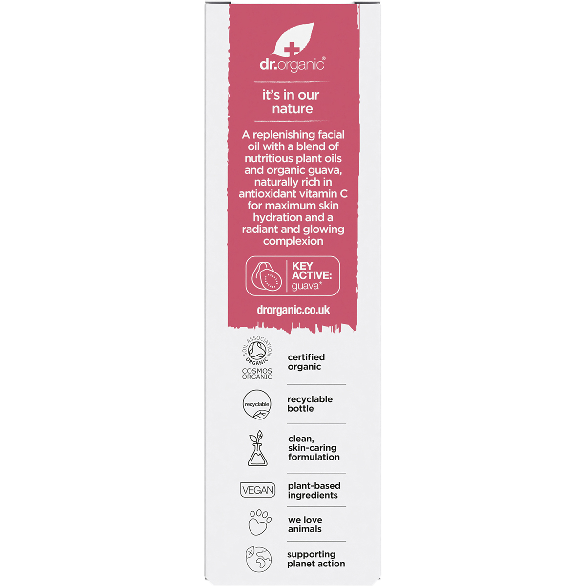 Back of Dr Organic Guava Facial Serum box with nutrition facts, ingredients, and directions for use.
