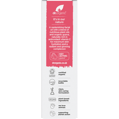 Back of Dr Organic Guava Facial Serum box with nutrition facts, ingredients, and directions for use.