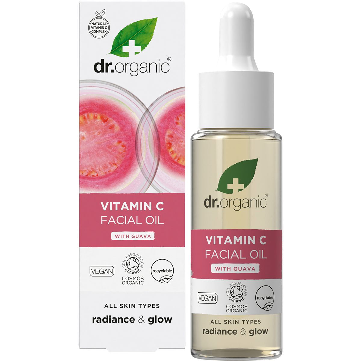Dr Organic Guava Facial Serum 30ml bottle and box set with pink guava and green leaf illustrations.