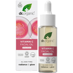 Dr Organic Guava Facial Serum 30ml bottle and box set with pink guava and green leaf illustrations.