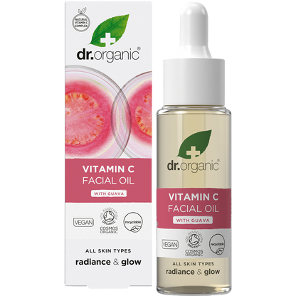 Dr Organic Guava Facial Serum 30ml bottle and box set with pink guava and green leaf illustrations.