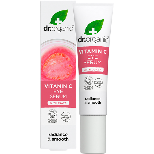 15ml tube of Dr Organic Guava Eye Serum next to its pink and white box, featuring vitamin C for brightening.