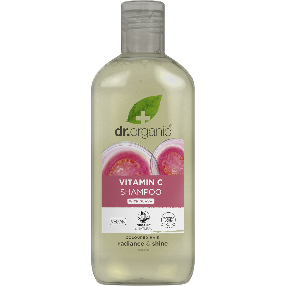 Dr Organic 265ml Vitamin C Shampoo with Guava in a clear bottle with a green and white label.