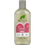 Dr Organic 265ml Vitamin C Shampoo with Guava in a clear bottle with a green and white label.