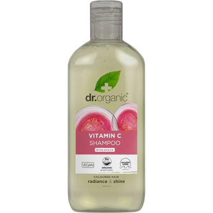 Dr Organic 265ml Vitamin C Shampoo with Guava in a clear bottle with a green and white label.