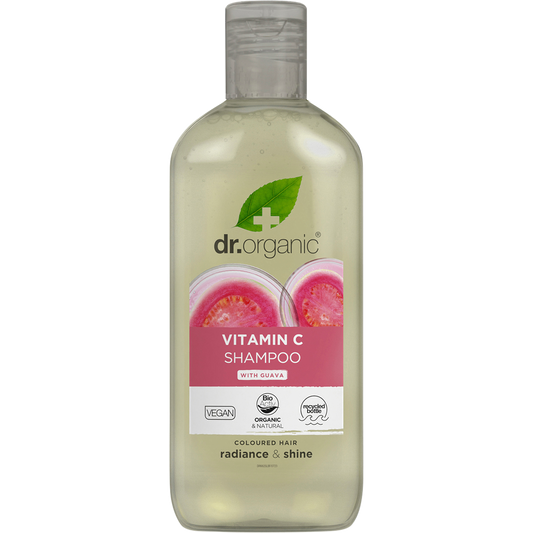 Dr Organic 265ml Vitamin C Shampoo with Guava in a clear bottle with a green and white label.