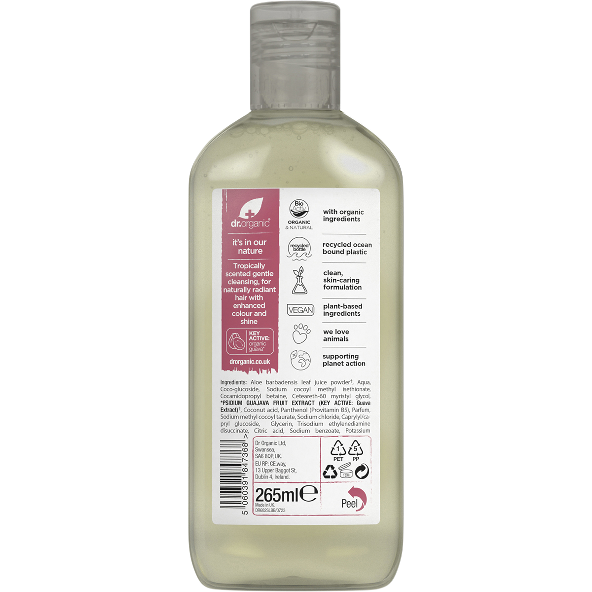Back label of Dr Organic Vitamin C Shampoo with Guava 265ml bottle with product details and ingredients.