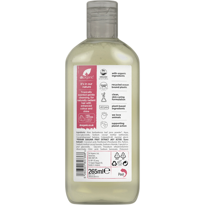 Back label of Dr Organic Vitamin C Shampoo with Guava 265ml bottle with product details and ingredients.