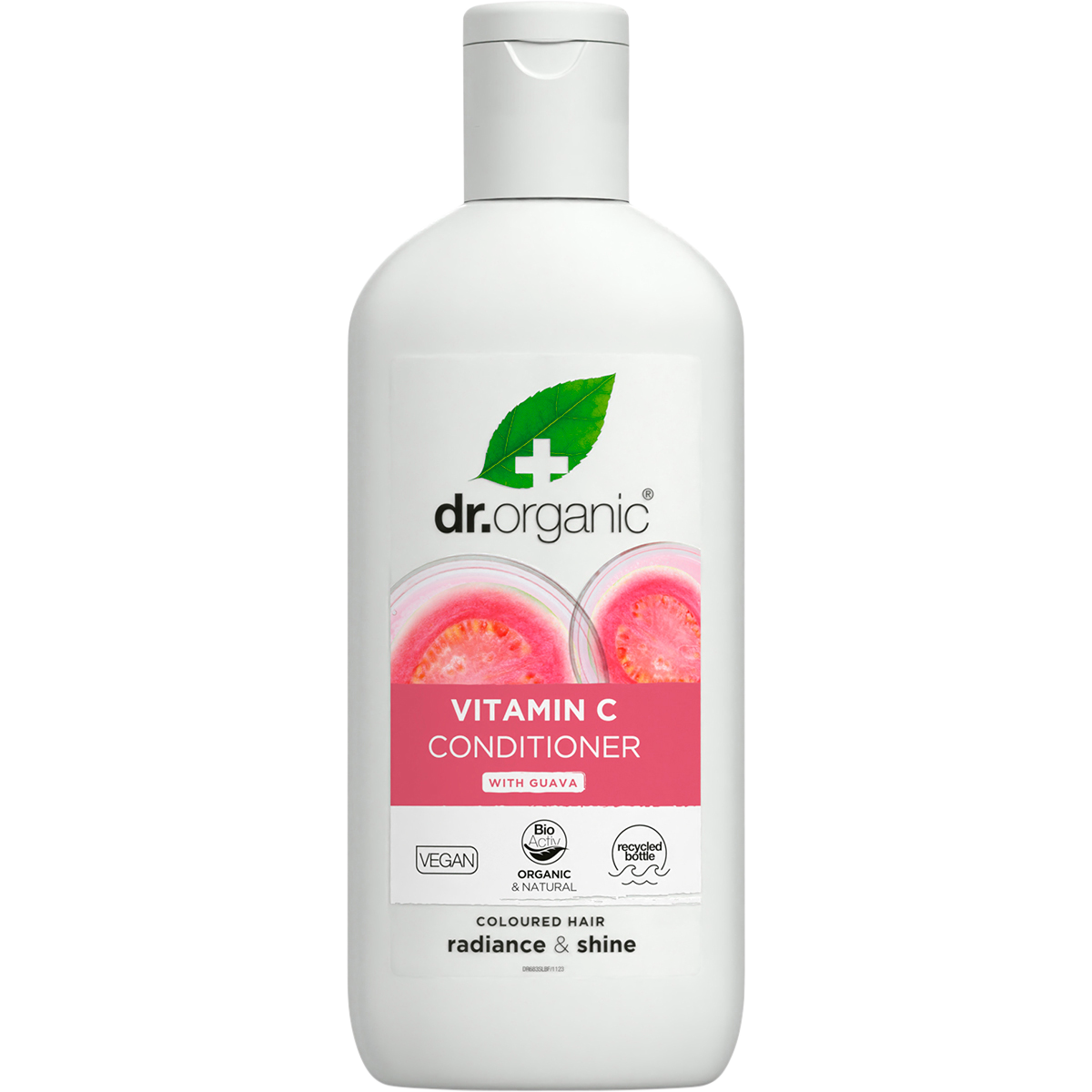 265ml bottle of Dr Organic Organic Guava Conditioner with Vitamin C for colored hair on a white background.