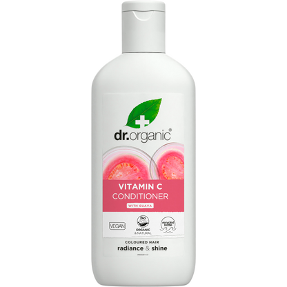 265ml bottle of Dr Organic Organic Guava Conditioner with Vitamin C for colored hair on a white background.