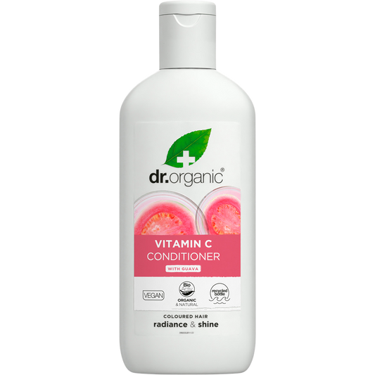 265ml bottle of Dr Organic Organic Guava Conditioner with Vitamin C for colored hair on a white background.
