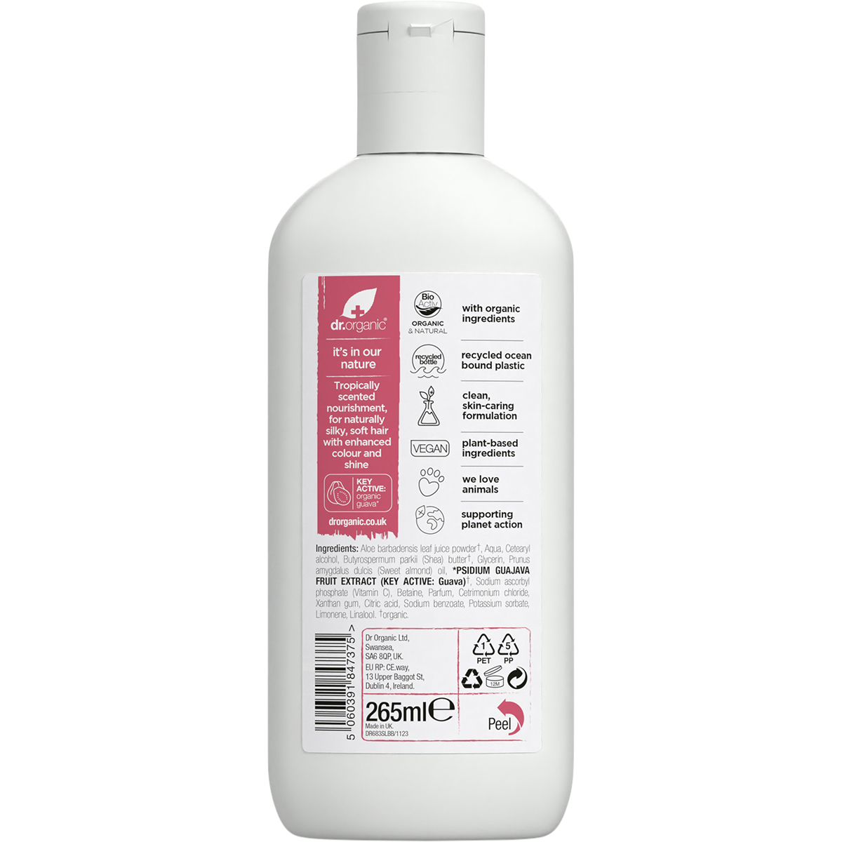 Back of Dr Organic Organic Guava Conditioner 265ml bottle showing ingredients and usage directions.