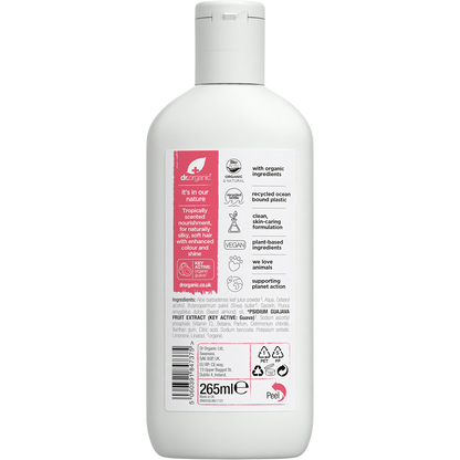 Back of Dr Organic Organic Guava Conditioner 265ml bottle showing ingredients and usage directions.