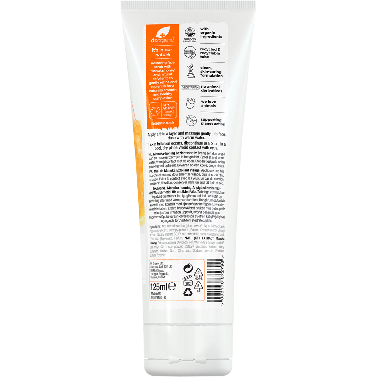 Back of a 125ml Dr Organic Manuka Honey Face Scrub tube showing ingredients and directions on a white background.