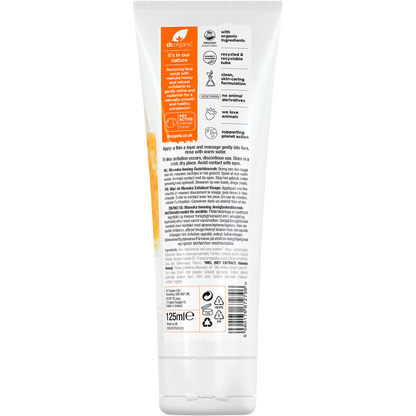 Back of a 125ml Dr Organic Manuka Honey Face Scrub tube showing ingredients and directions on a white background.