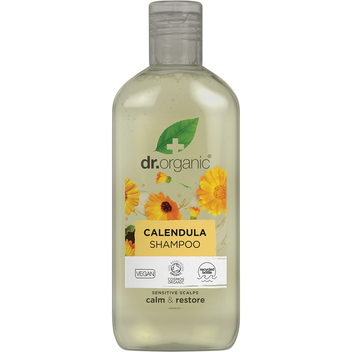 265ml bottle of Dr Organic Calendula Shampoo, fragrance-free for sensitive scalps, featuring yellow floral accents.