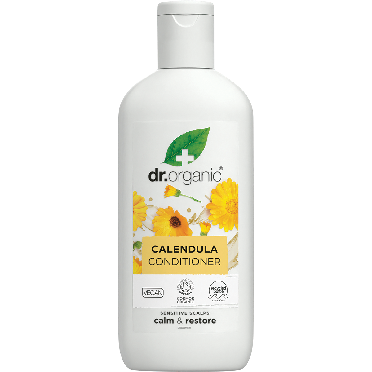Dr Organic Calendula Conditioner 265ml bottle for sensitive scalps, featuring yellow calendula flowers on the label.