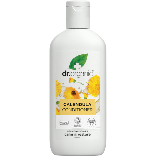 Dr Organic Calendula Conditioner 265ml bottle for sensitive scalps, featuring yellow calendula flowers on the label.