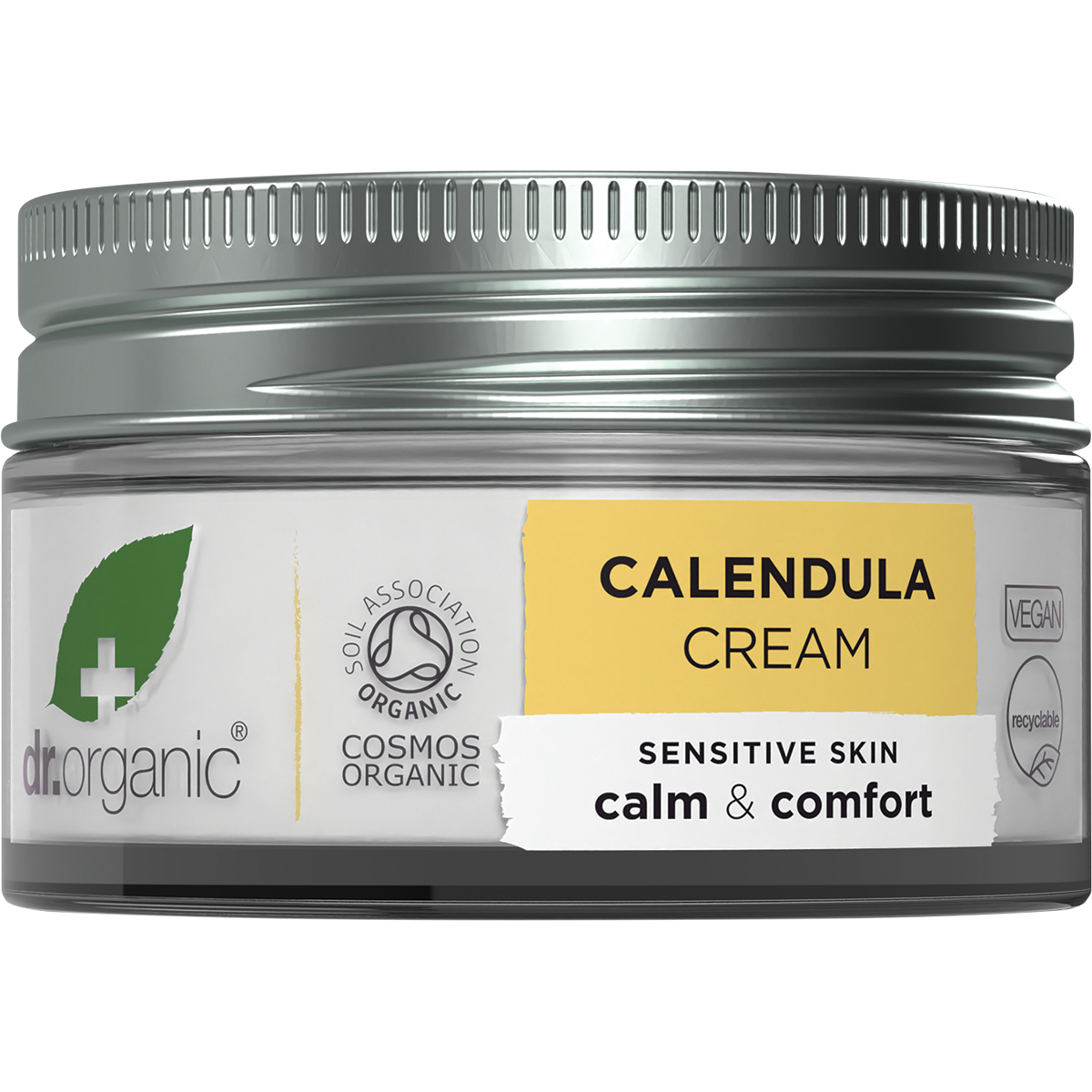 Dr Organic Calendula Cream 50ml tube with botanical illustrations, highlighting soothing and hydrating properties.