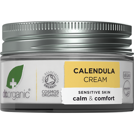 Dr Organic Calendula Cream 50ml tube with botanical illustrations, highlighting soothing and hydrating properties.