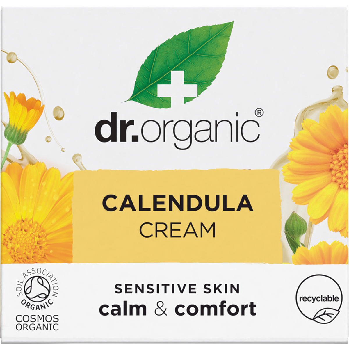 Dr Organic Calendula Cream 50ml cardboard box featuring yellow floral illustrations on a white background.