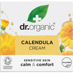 Dr Organic Calendula Cream 50ml cardboard box featuring yellow floral illustrations on a white background.