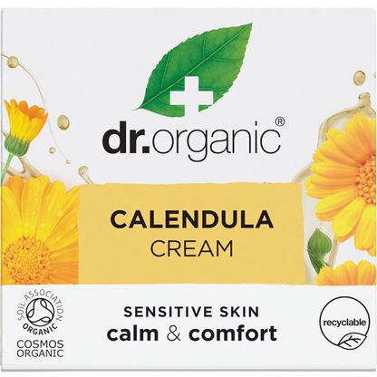 Dr Organic Calendula Cream 50ml cardboard box featuring yellow floral illustrations on a white background.