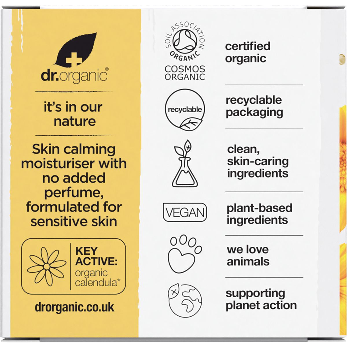Back of Dr Organic Calendula Cream 50ml box with nutrition facts, ingredients, and product features.