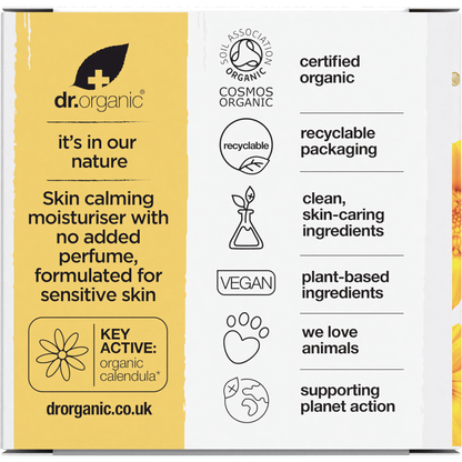 Back of Dr Organic Calendula Cream 50ml box with nutrition facts, ingredients, and product features.