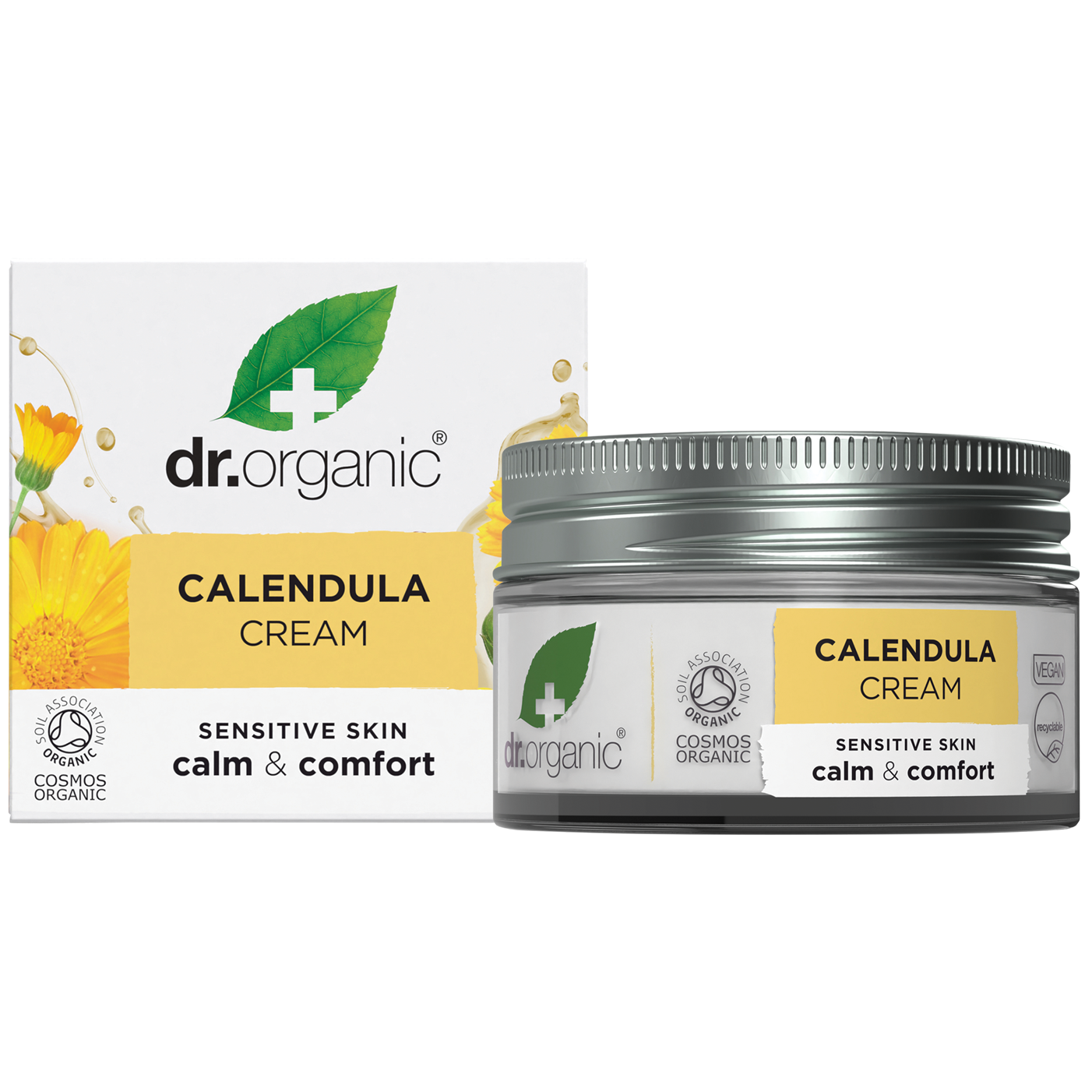 Dr Organic Calendula Cream 50ml tube and box displayed together on a white background.
