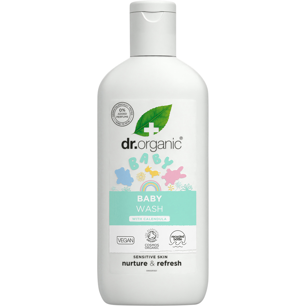 250ml bottle of Dr Organic Baby Wash with Calendula, featuring a pump dispenser and a label with yellow flower motifs.