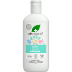 250ml bottle of Dr Organic Baby Wash with Calendula, featuring a pump dispenser and a label with yellow flower motifs.