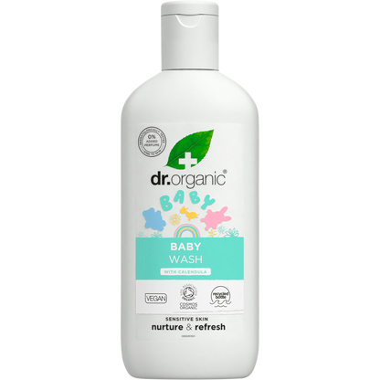 250ml bottle of Dr Organic Baby Wash with Calendula, featuring a pump dispenser and a label with yellow flower motifs.