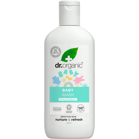 250ml bottle of Dr Organic Baby Wash with Calendula, featuring a pump dispenser and a label with yellow flower motifs.